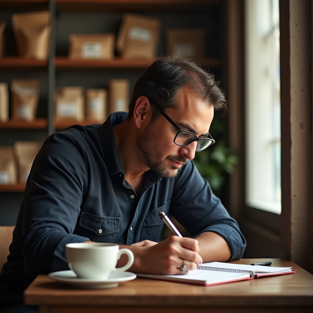 Close-up of a merchant's hand writing in a financial record notebook with columns for sales and expenses
