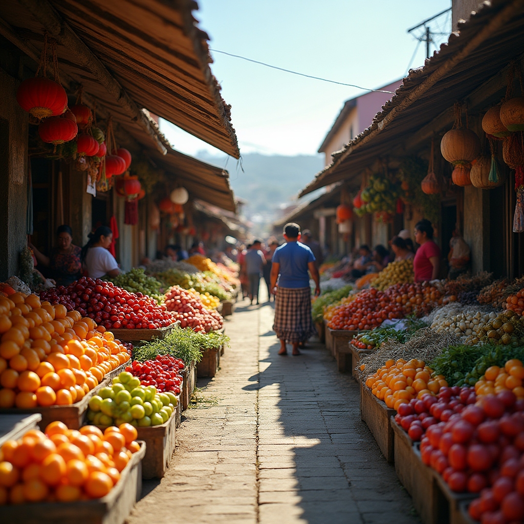 Vibrant informal market in Ecuador with vendors selling produce and goods at outdoor stalls