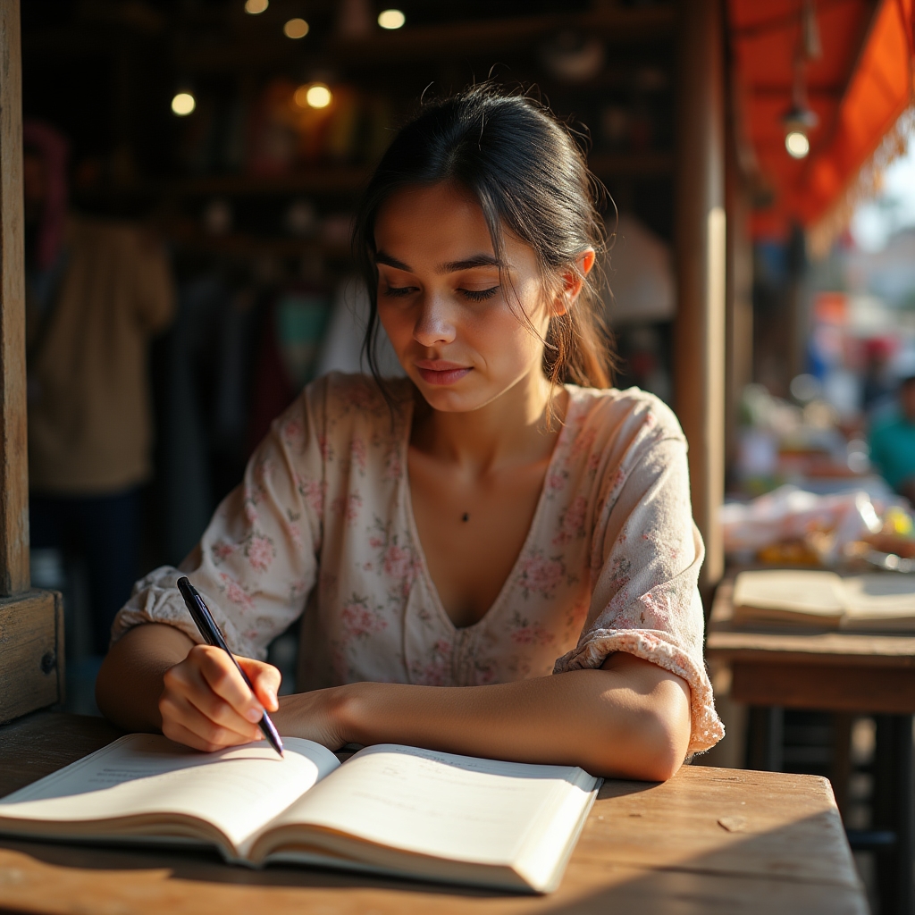 A woman in her late 20s sitting at a market stall reviewing a handwritten financial notebook, warm afternoon light, focused expression