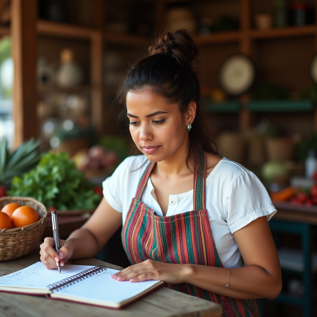 Informal merchant reviewing daily sales records at a market stall in Ecuador
