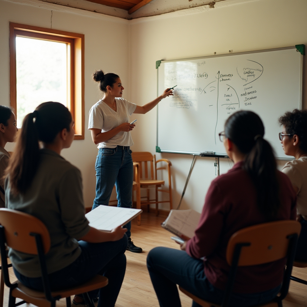 Small group of informal vendors attending a financial education session in a community space in Ecuador