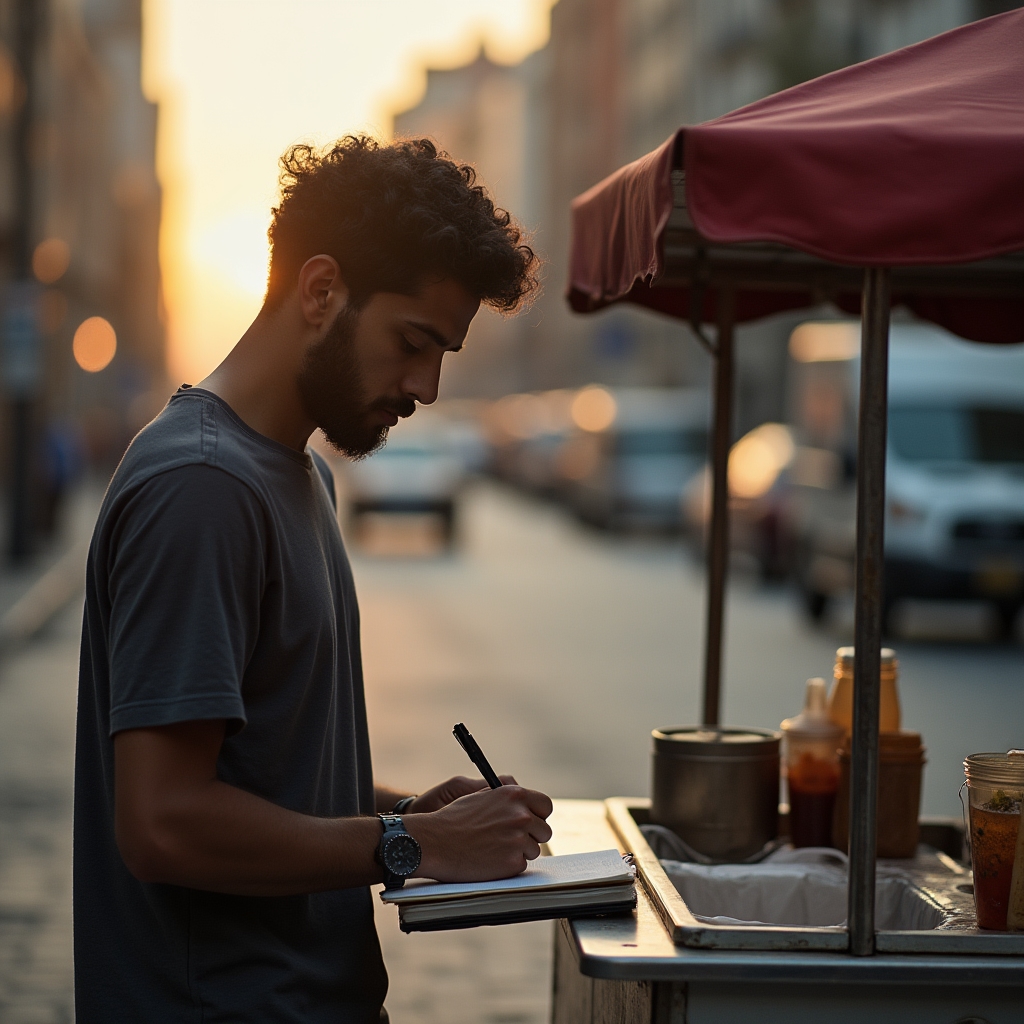 A young man in his early 20s standing at a small street food cart in Ecuador, writing in a notebook, thoughtful expression, urban street background