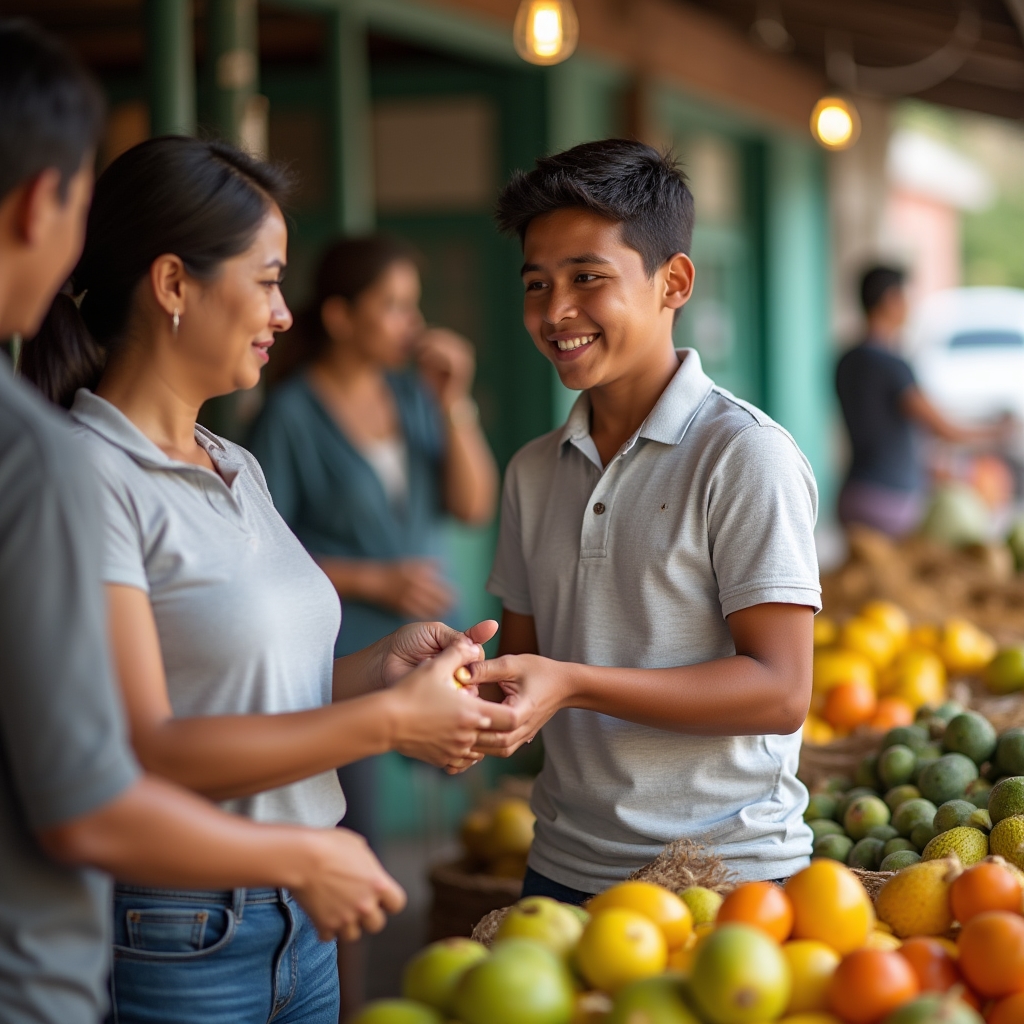 A young Ecuadorian teenager helping at a family market stall, smiling, counting change, colorful produce in background
