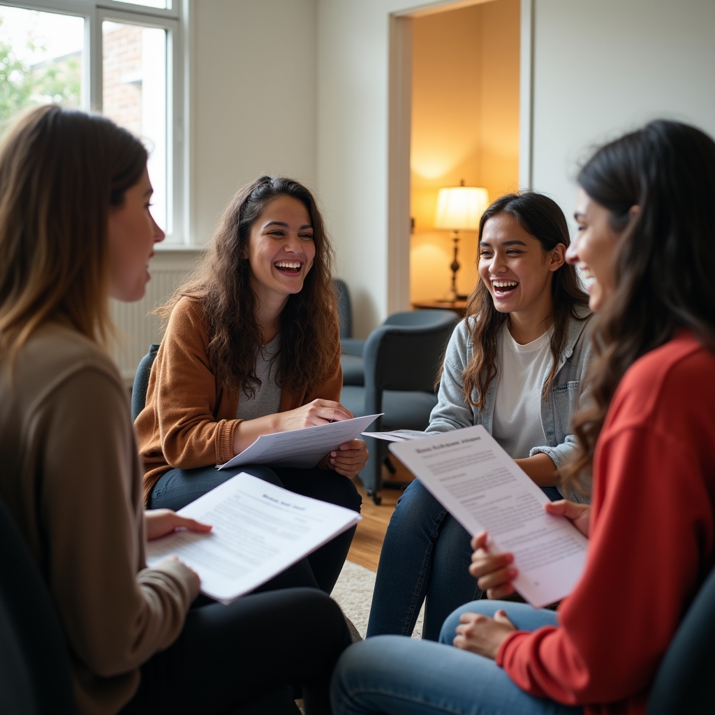 A group of four young people aged 16-22 seated in a circle in a community room, engaged in discussion with simple printed worksheets, warm indoor lighting