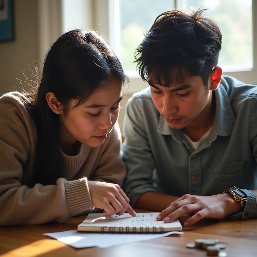 Two young people aged 17-19 sitting at a simple wooden table, reviewing a small savings notebook together, natural light from a window, warm tones